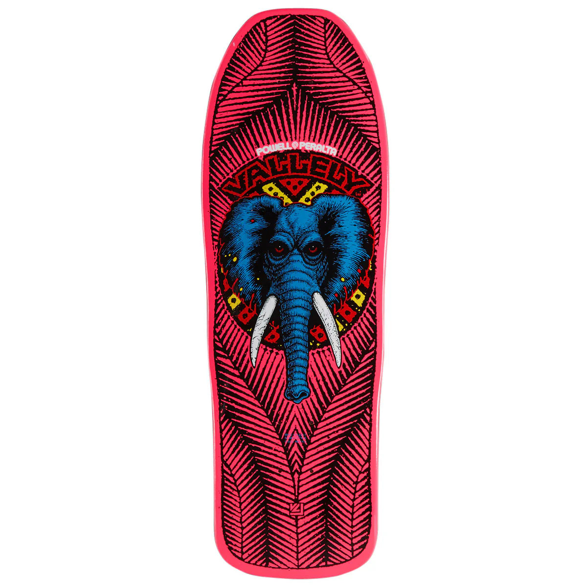 Skateboard deck with an elephant design on a red background