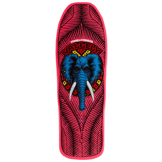Skateboard deck with an elephant design on a red background