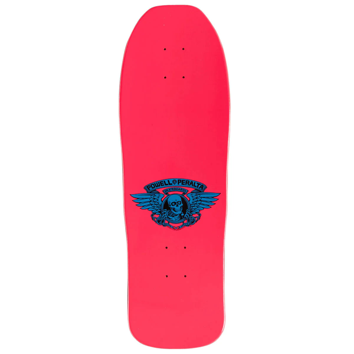 Red skateboard deck with a blue logo on a white background