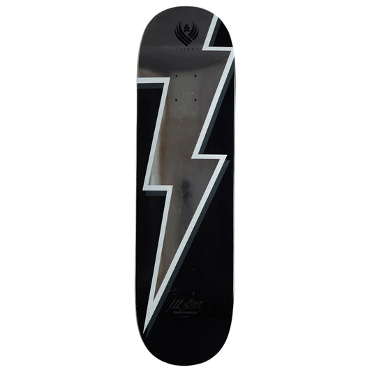 Skateboard deck with a black and white lightning bolt design on a white background