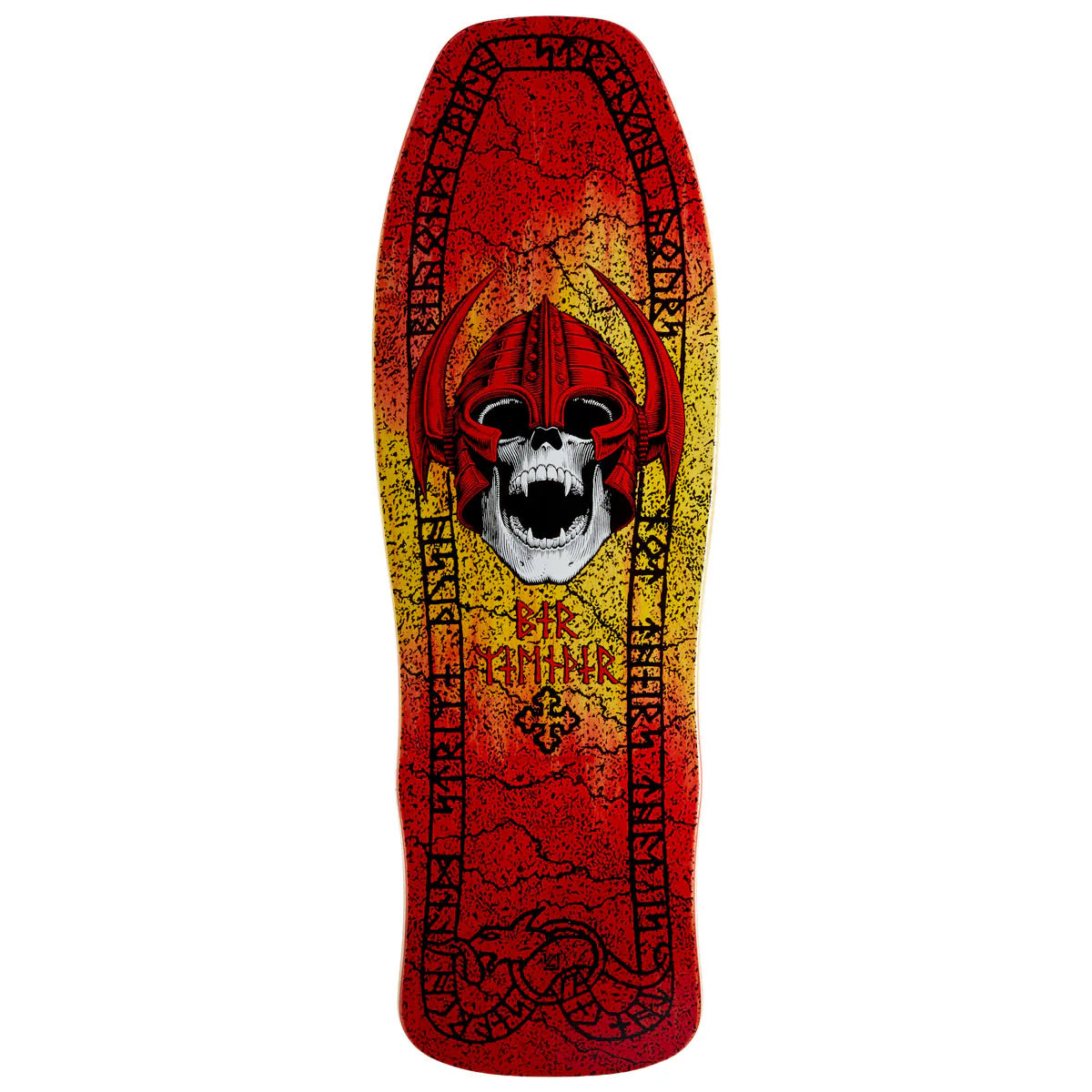 Skateboard deck with a red and yellow design featuring a skull and horns on a white background.