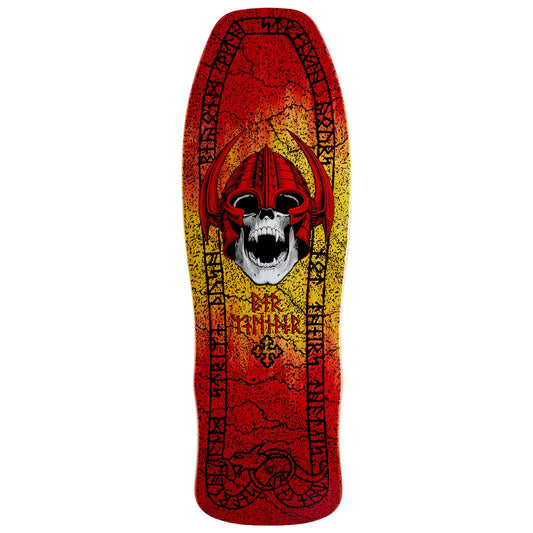Skateboard deck with a red and yellow design featuring a skull and horns on a white background.