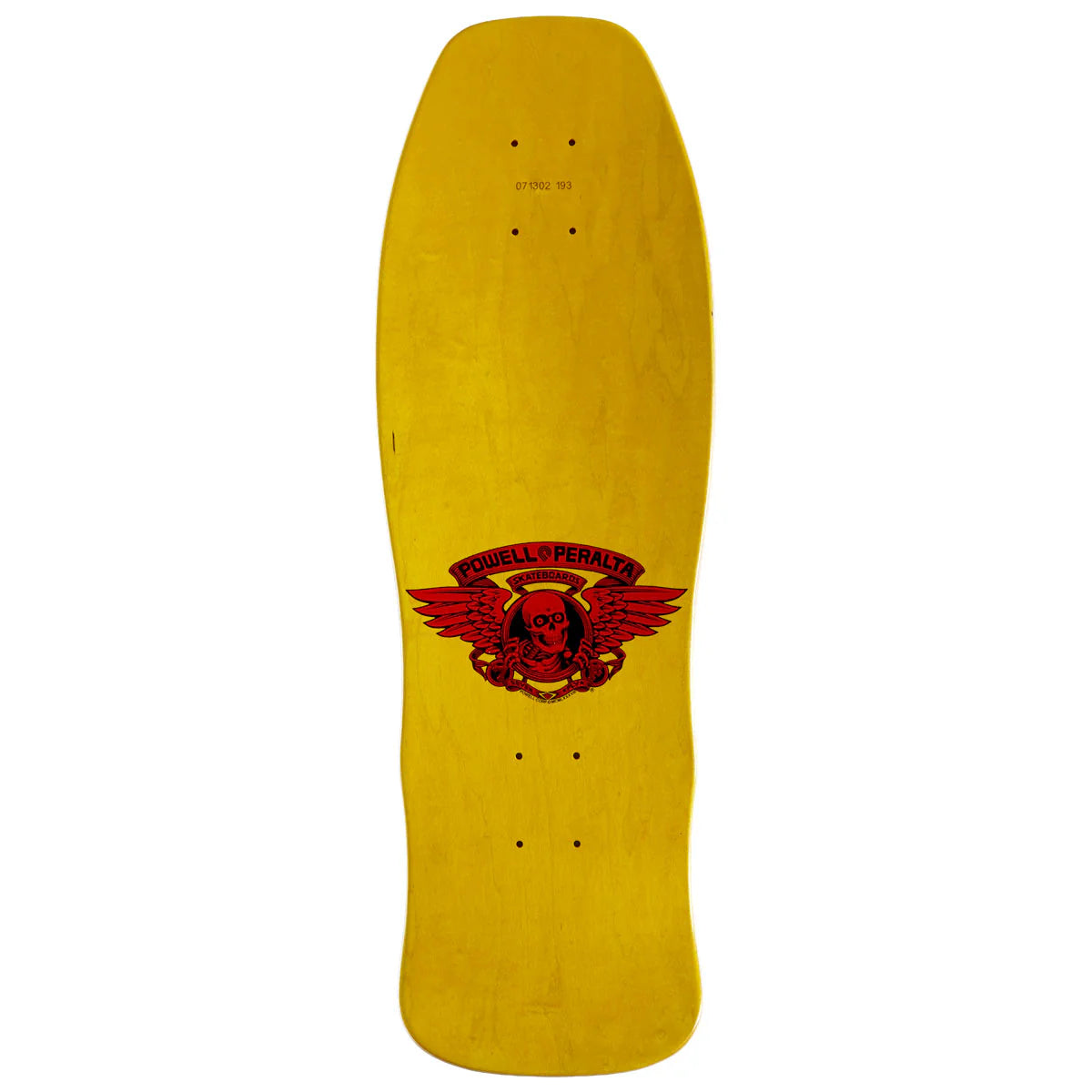Yellow skateboard deck with a red logo on a white background