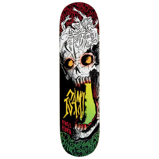 Skateboard deck with a graphic design of a creature's face and the brand name 'Beast' on a white background.