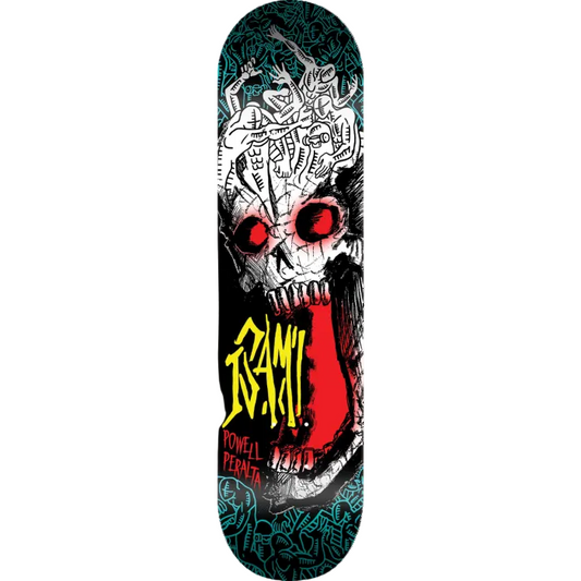 Skateboard deck with a graphic design featuring a skull with red eyes and the brand 'Powell Peralta' on a black background.