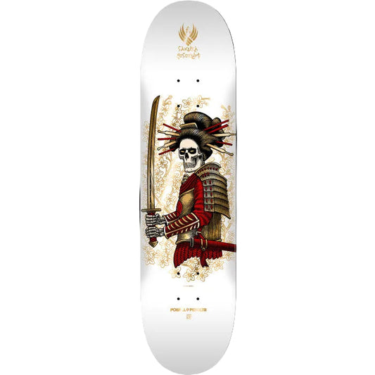 Skateboard deck with a skull in samurai armor design on a white background