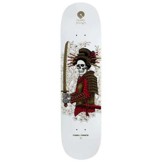 Skateboard deck with a design of a skeleton in samurai armor holding a sword on a white background.