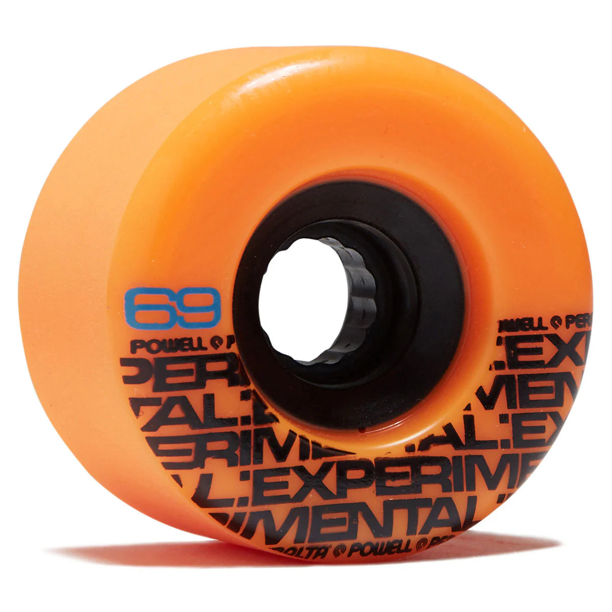 Orange skateboard wheel with black center and text on a white background