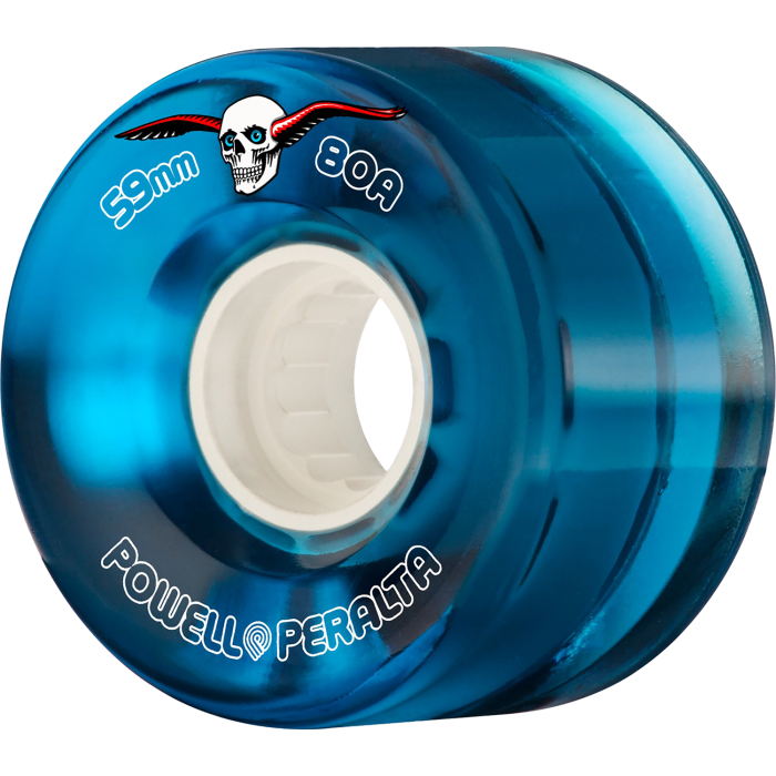 Blue skateboard wheel with Powell Peralta logo on a white background