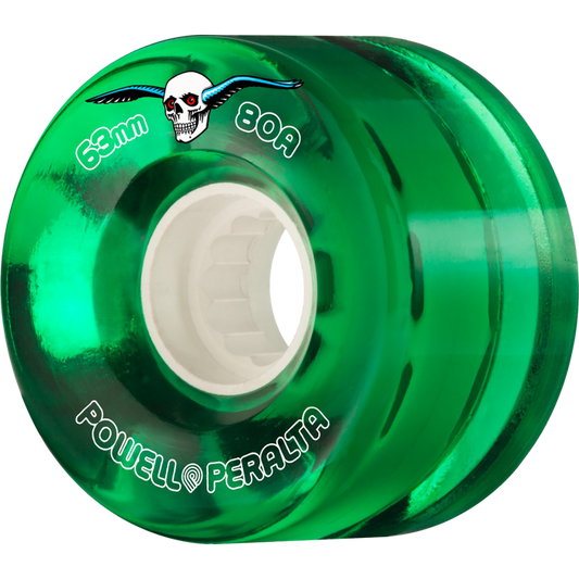 Green skateboard wheel with Powell Peralta logo on a white background