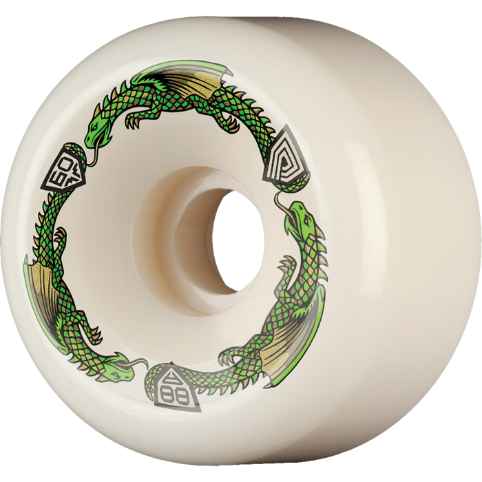 Skateboard wheel with green dragon design on a white background