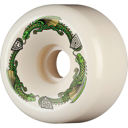 Skateboard wheel with green dragon design on a white background