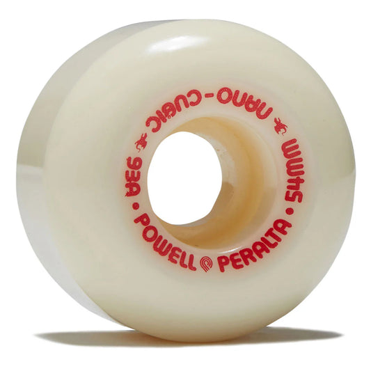 White skateboard wheel with red text on a white background