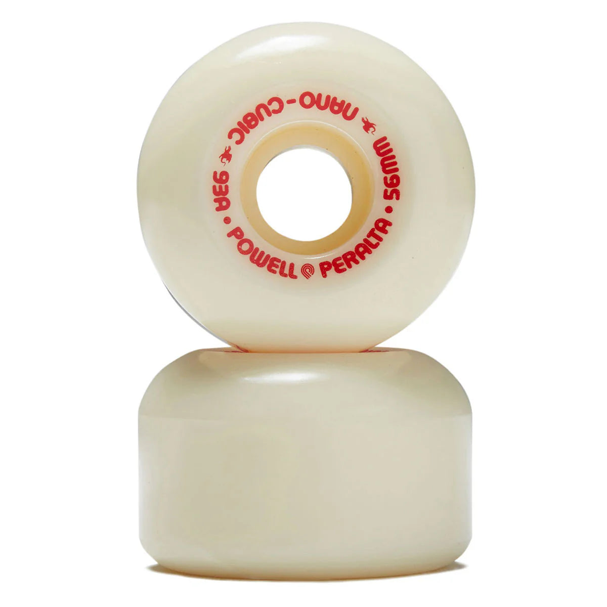 Two skateboard wheels with visible branding on a white background