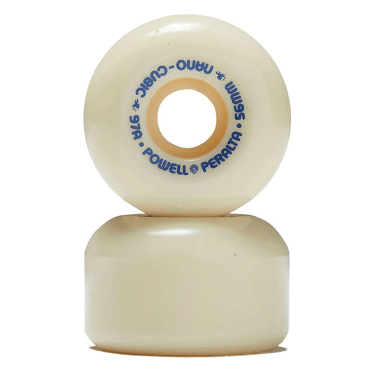Two cream-colored skateboard wheels with blue text on a white background