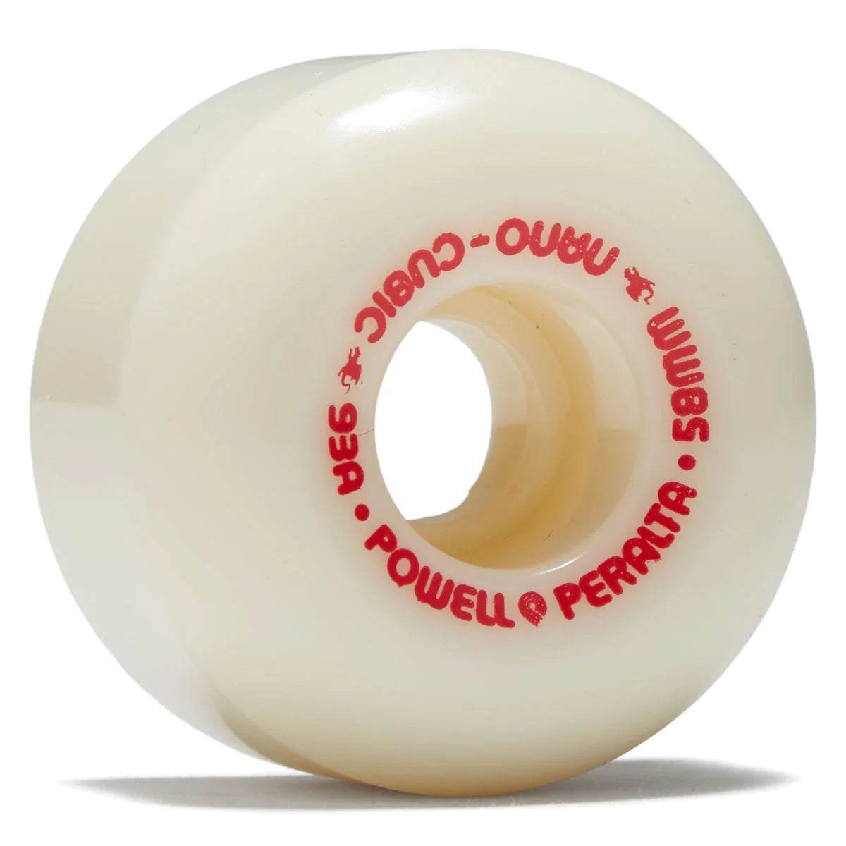 White skateboard wheel with red text on a white background