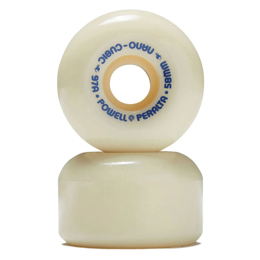 Two skateboard wheels with Powell Peralta branding on a white background
