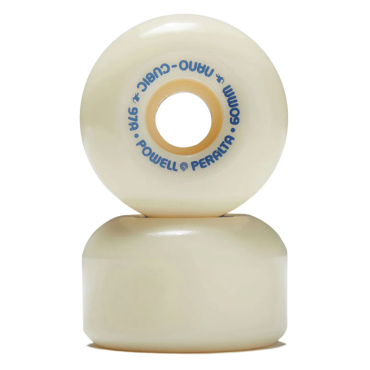 Two skateboard wheels with visible branding on a white background