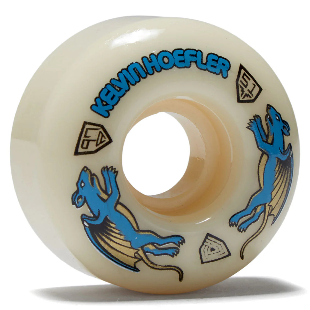 Skateboard wheel with blue graphics and 'Kevin Hoefler' branding on a white background