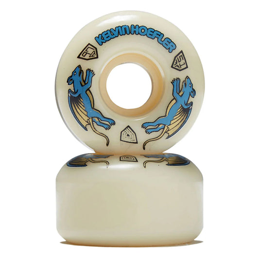 Two skateboard wheels with blue lizard designs and 'Kevin Hoefler' branding on a white background.