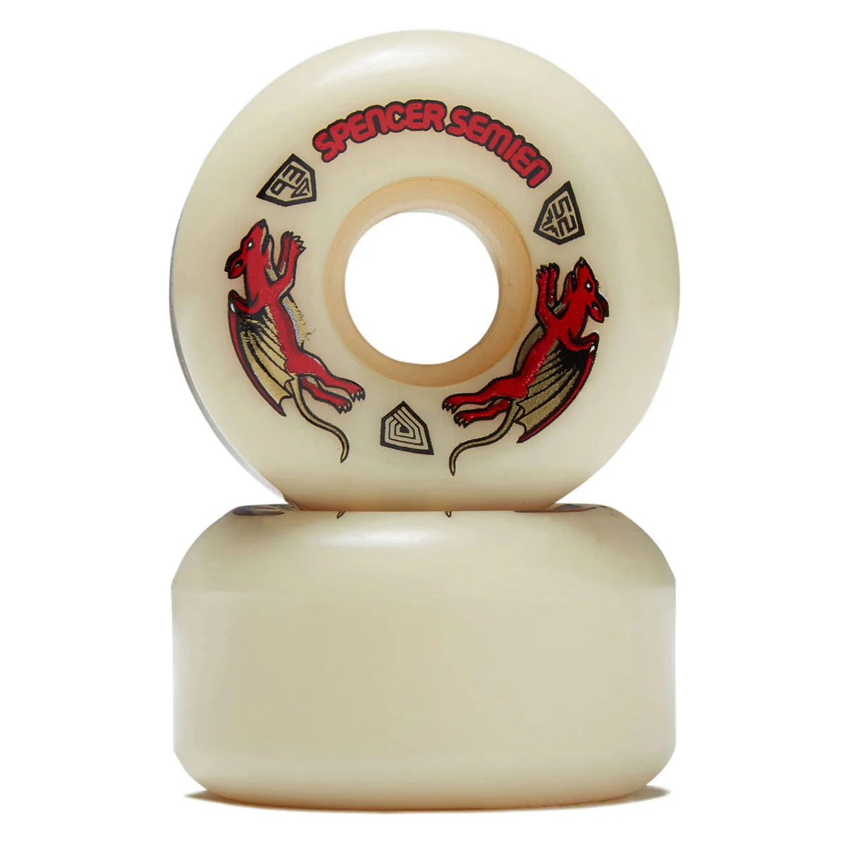 Skateboard wheels with red and black graphics and 'Spencer Series' branding on a white background