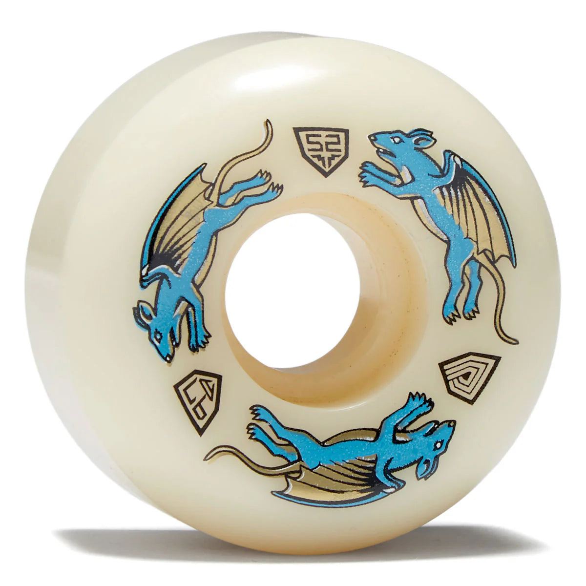 Skateboard wheel with blue dragon design on a white background