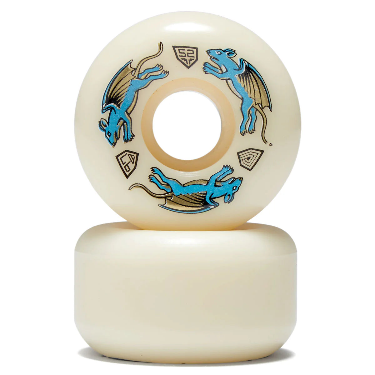 Two skateboard wheels with blue dragon designs on a white background