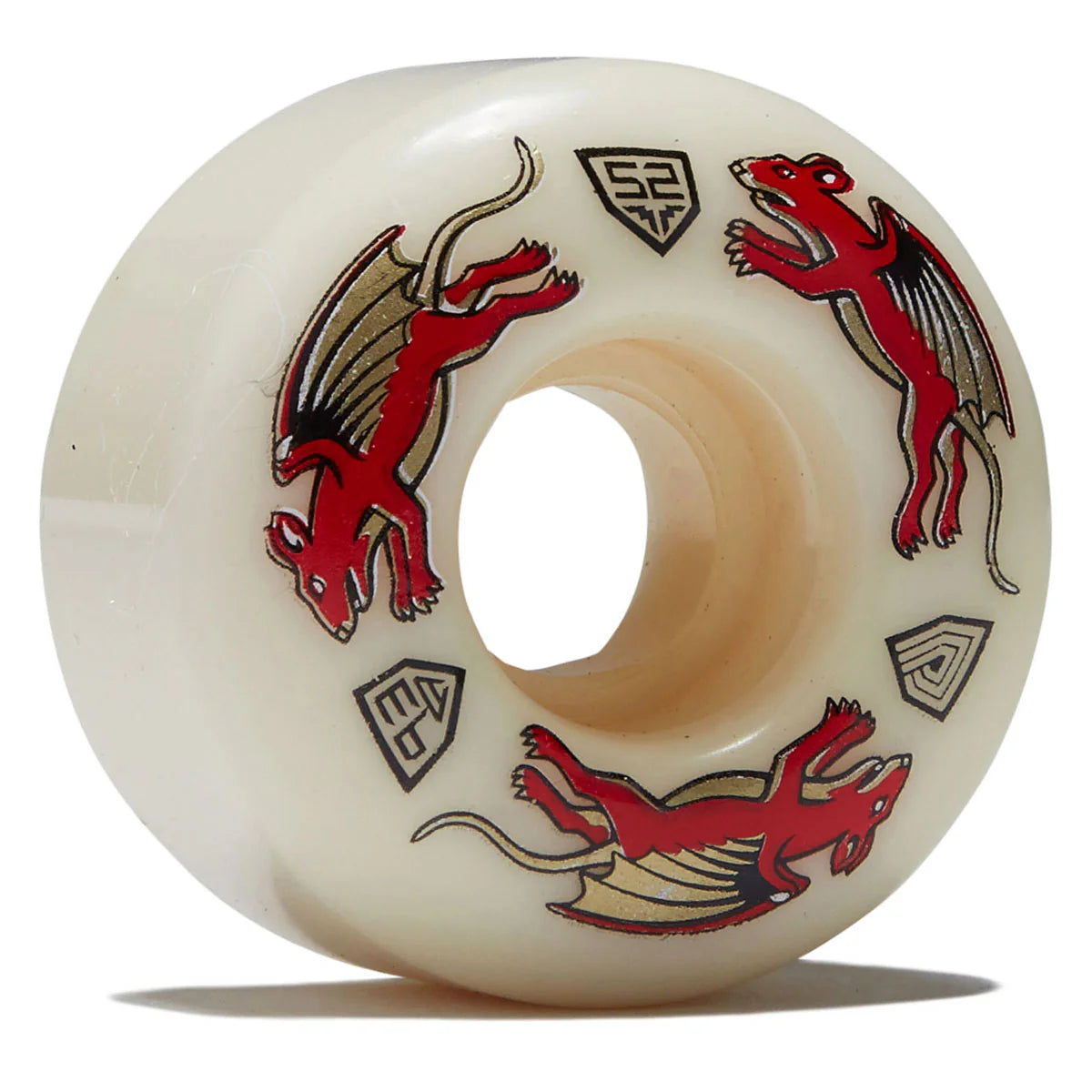 Skateboard wheel with red dragon illustrations on a white background