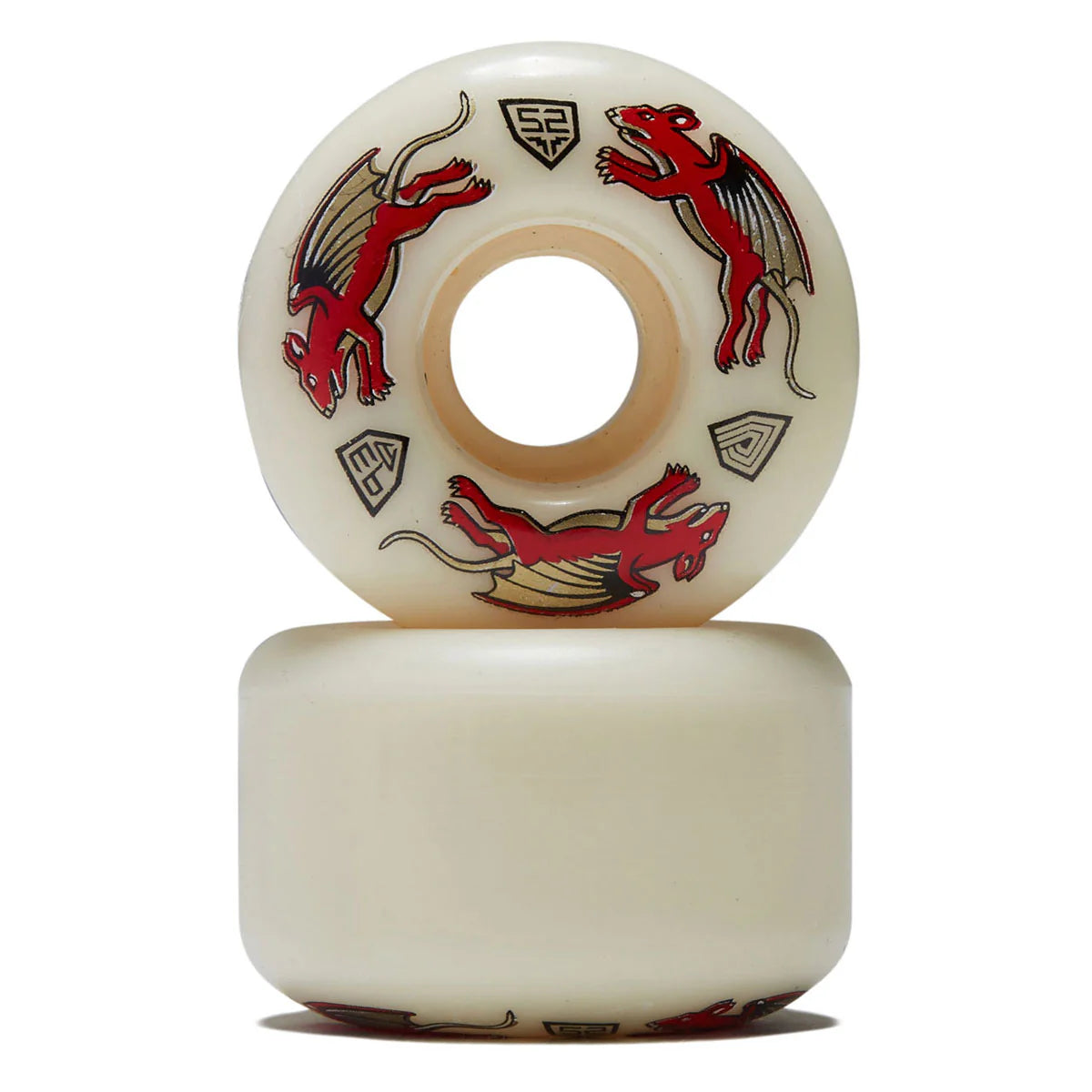 Two skateboard wheels with red dragon designs on a white background