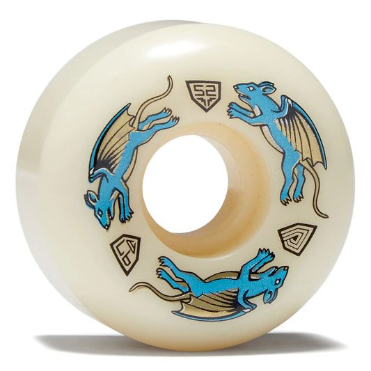 Skateboard wheel with blue dragon design on a white background