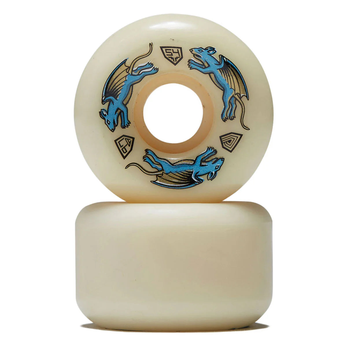 Skateboard wheels with blue dragon design on a white background