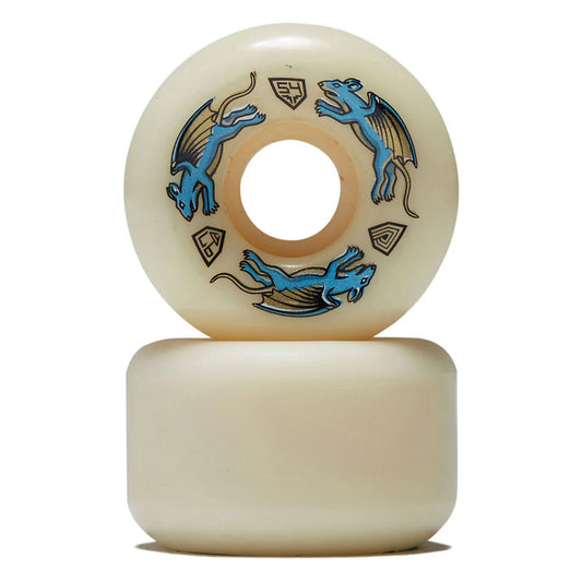 Skateboard wheels with blue dragon design on a white background