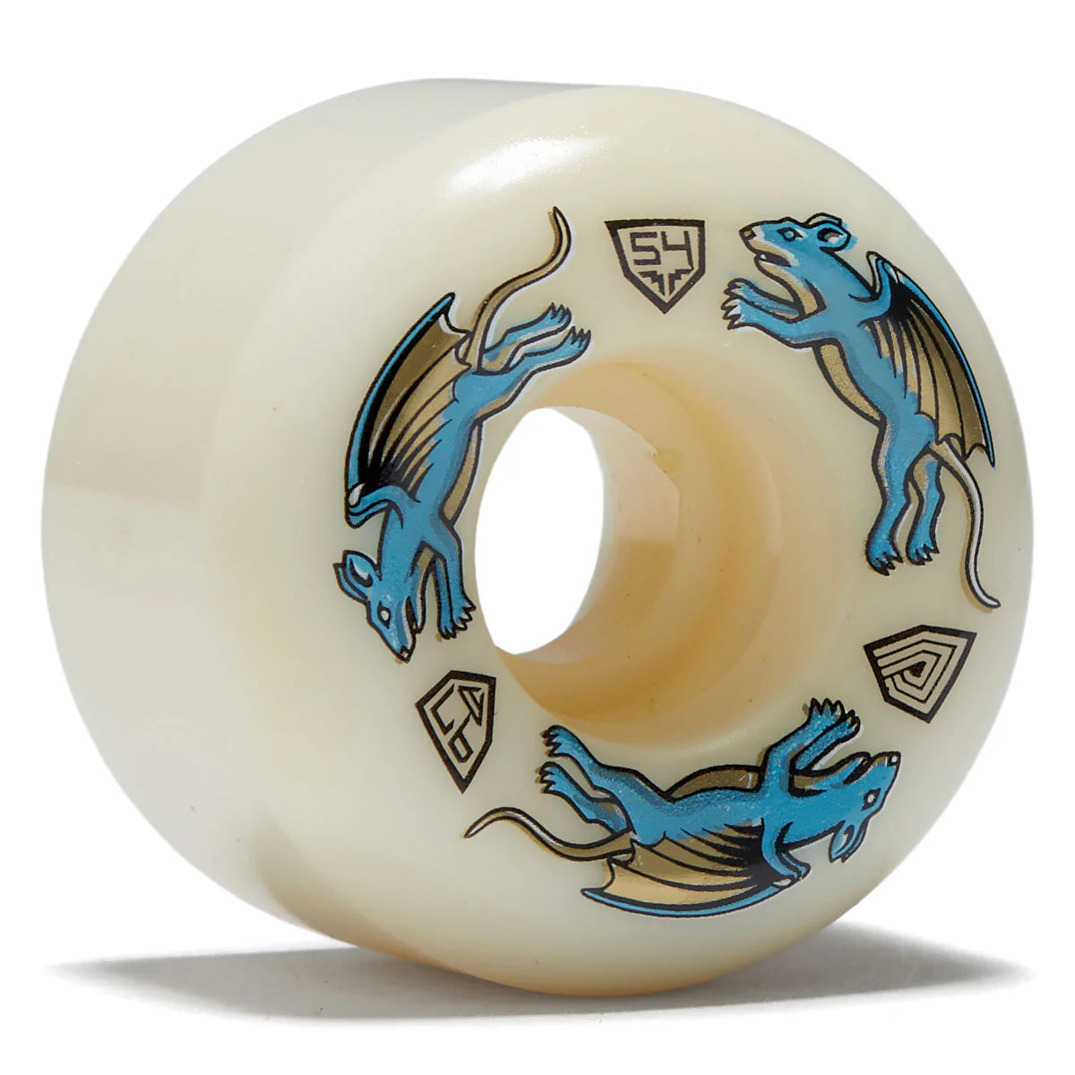 Skateboard wheel with blue and gold dragon design on a white background