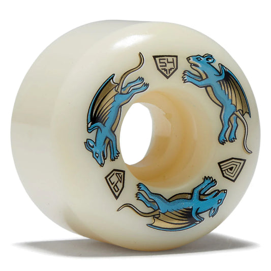Skateboard wheel with blue and gold dragon design on a white background