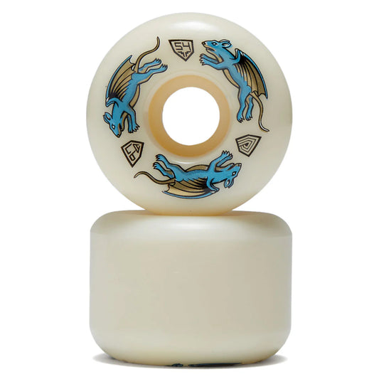 Two skateboard wheels with blue dragon designs on a white background