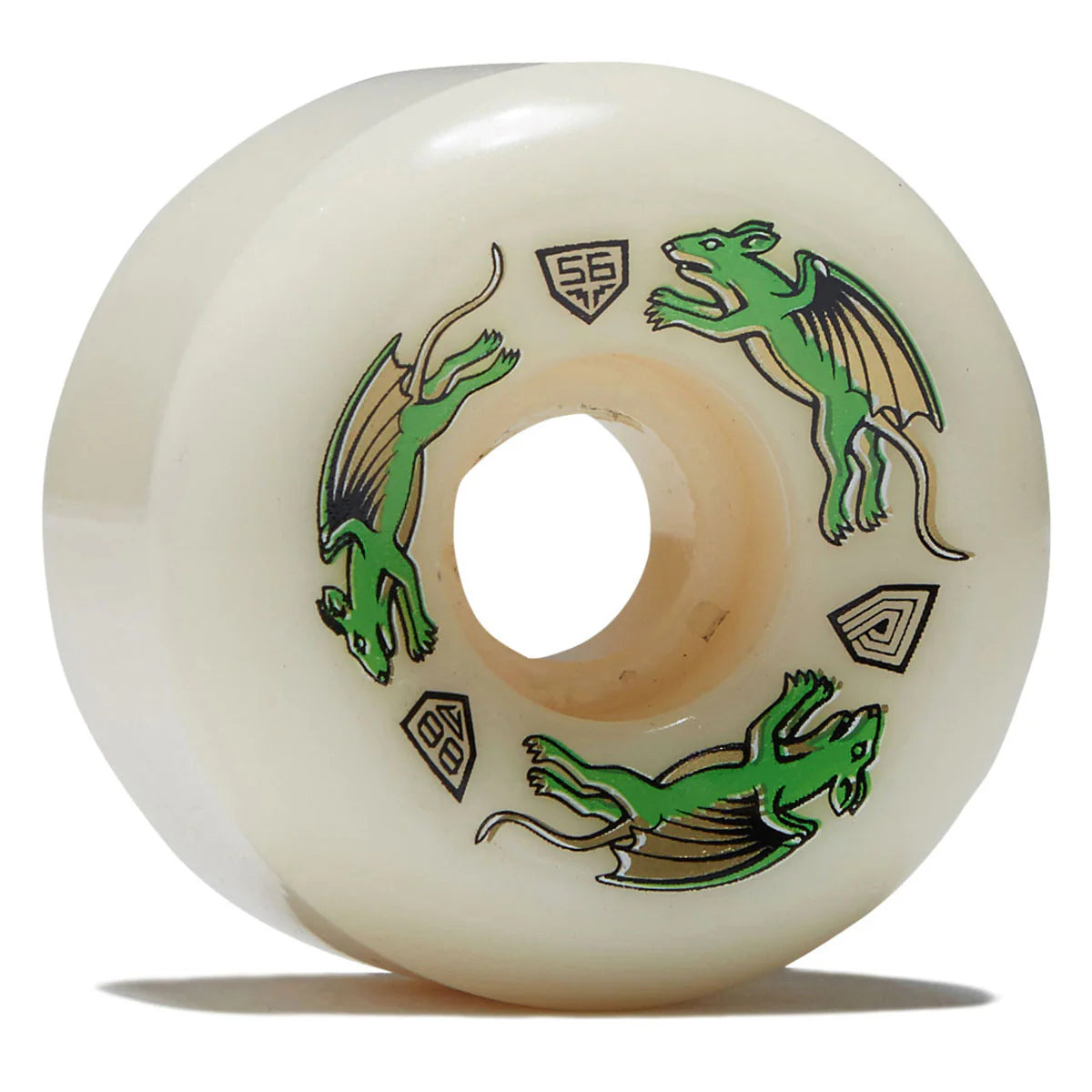 Skateboard wheel with green lizard design and visible brand logo on a white background
