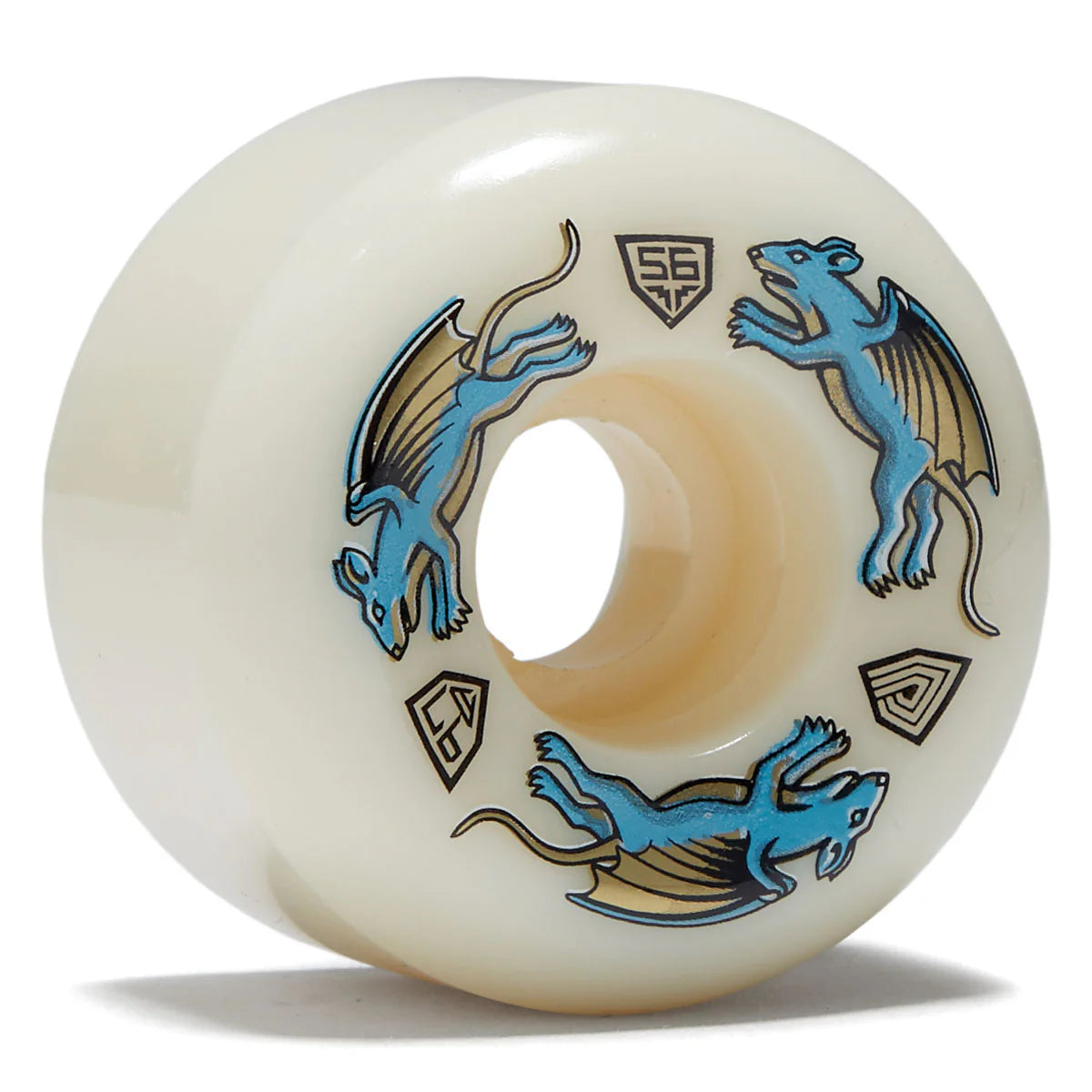 Skateboard wheel with blue and brown graphics on a white background