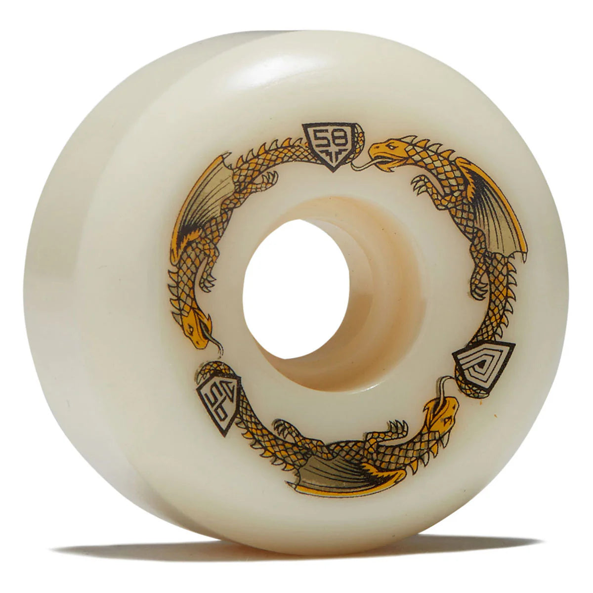 Skateboard wheel with dragon design and SB logo on a white background