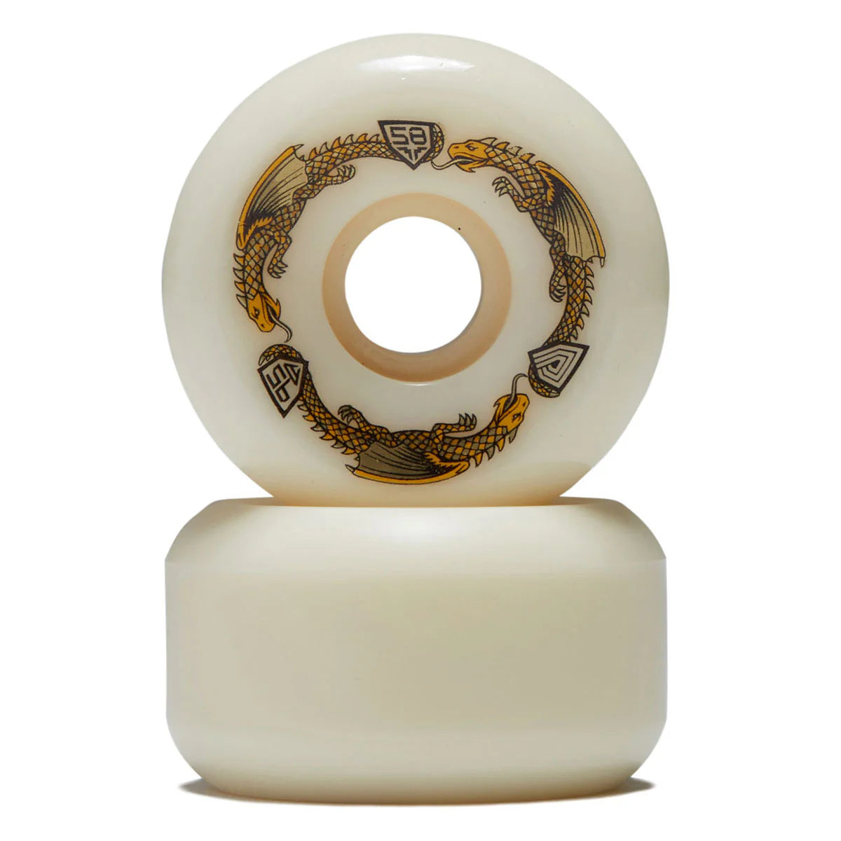 Two white skateboard wheels with decorative lizard design on a white background