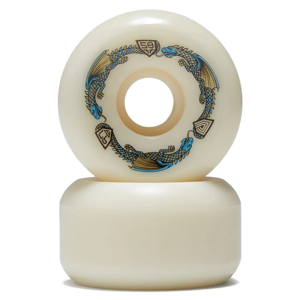 Two white skateboard wheels with decorative blue and gold patterns on a white background