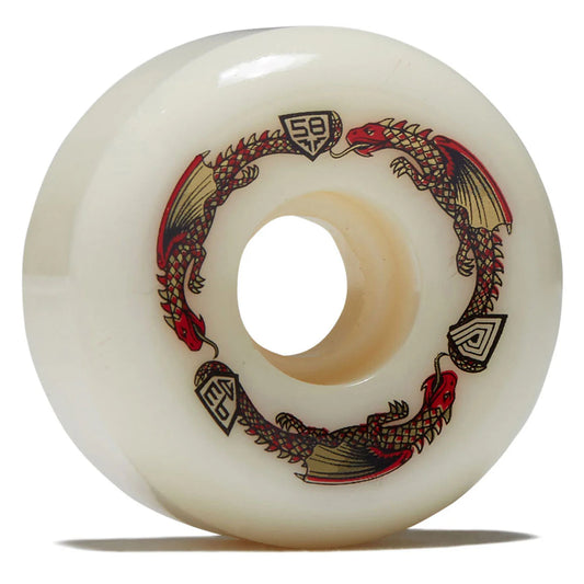 Skateboard wheel with dragon design and '59' logo on a white background