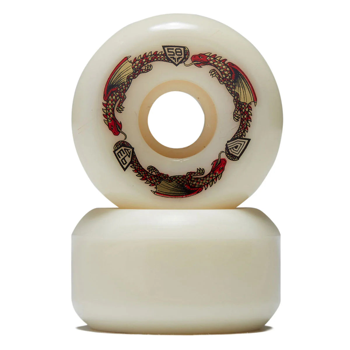 Two skateboard wheels with decorative design on a white background