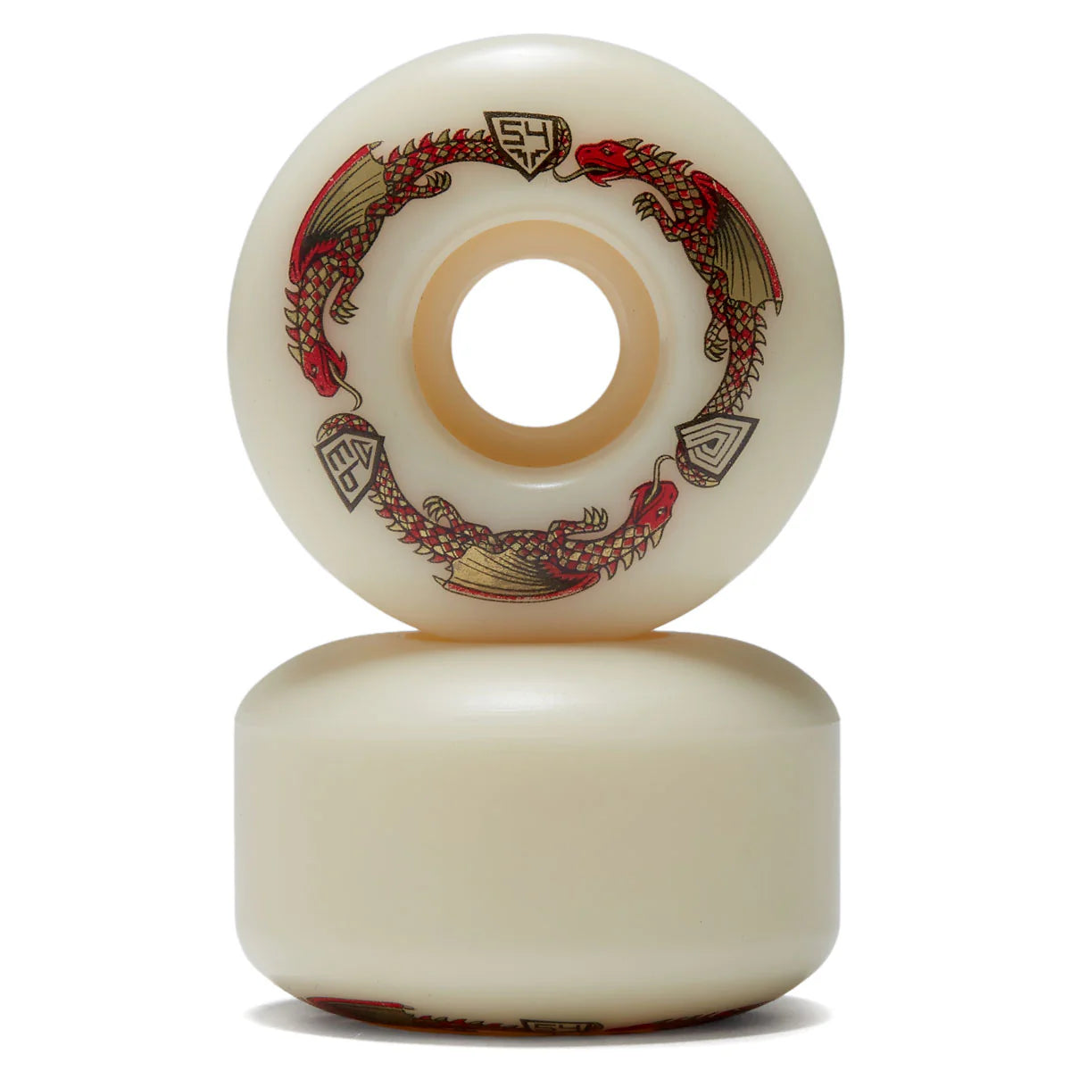 Two skateboard wheels with decorative design on a white background