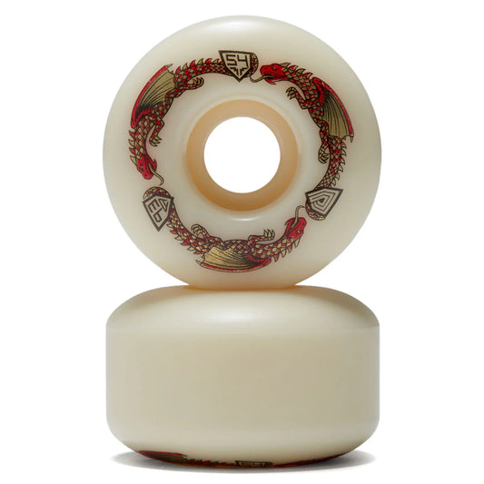 Two skateboard wheels with decorative design on a white background