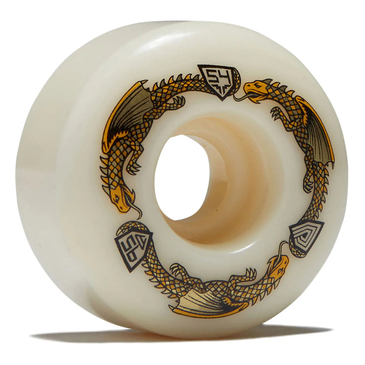 Skateboard wheel with dragon design and SH logo on a white background