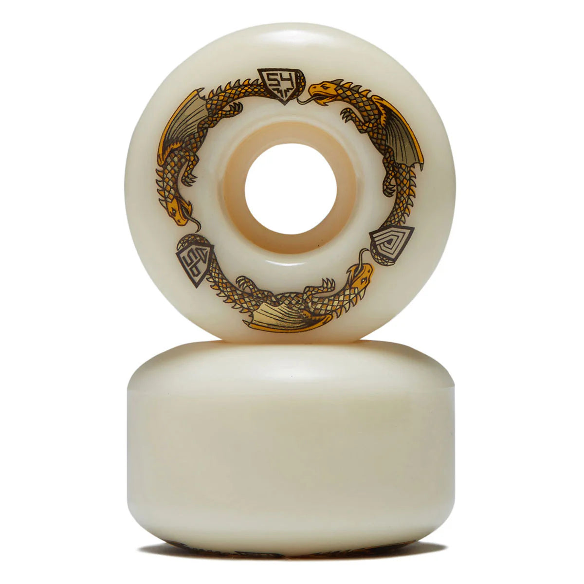 Two white skateboard wheels with gold and black designs on a white background