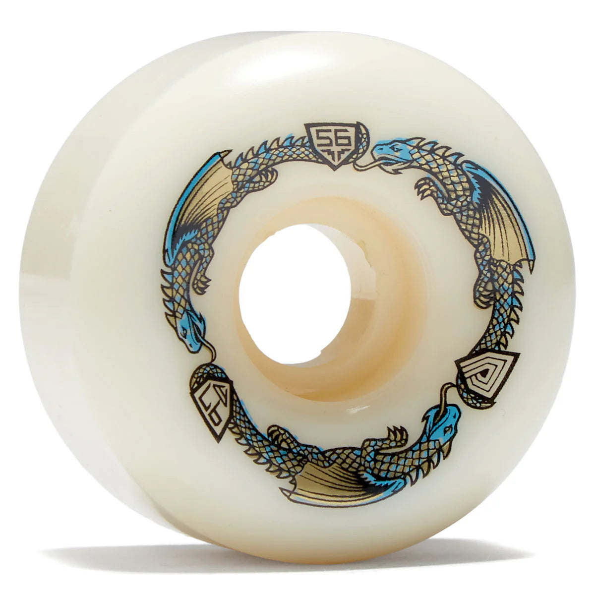 Skateboard wheel with dragon design and visible brand logo on a white background