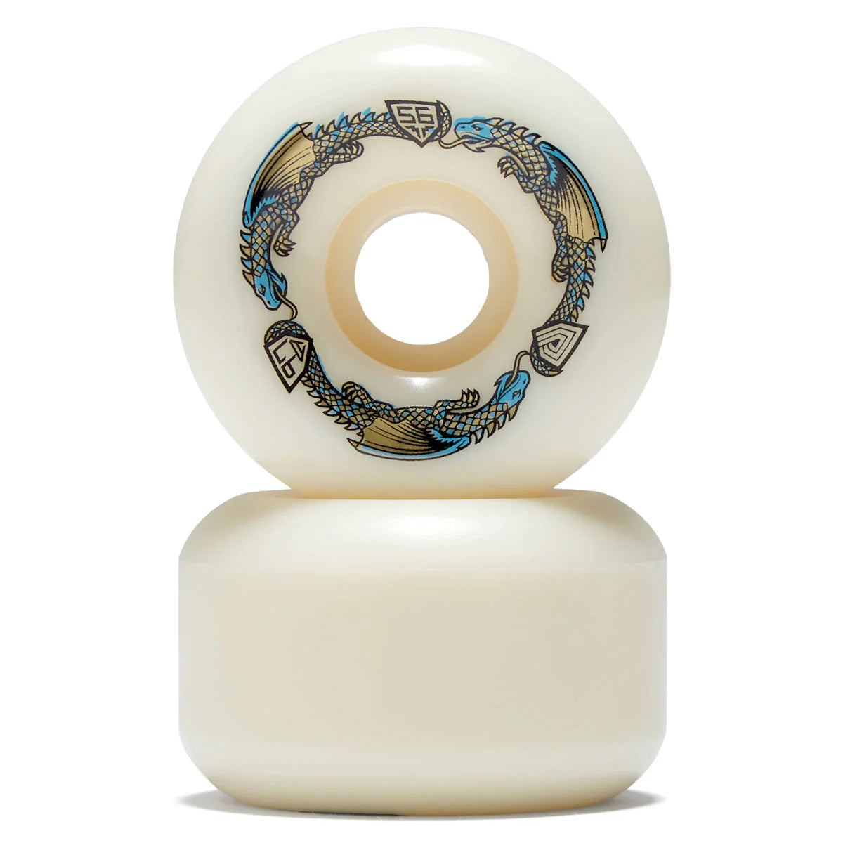 Two white skateboard wheels with decorative blue and gold design on a white background