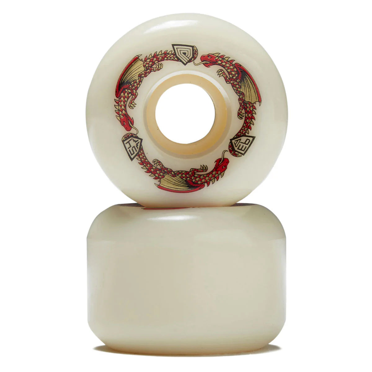 Two white skateboard wheels with decorative red and gold patterns on a white background
