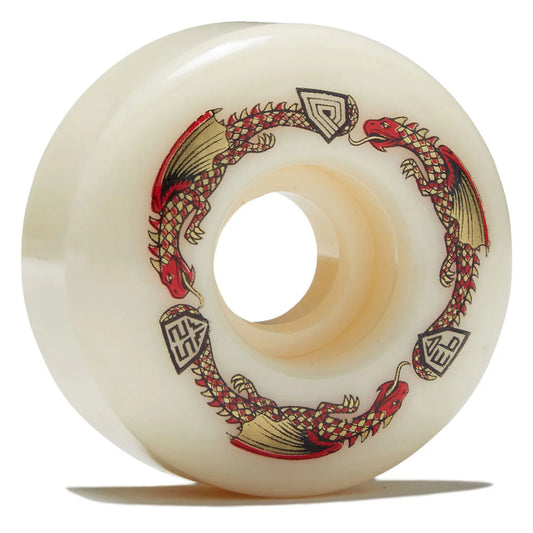 Skateboard wheel with dragon design on a white background